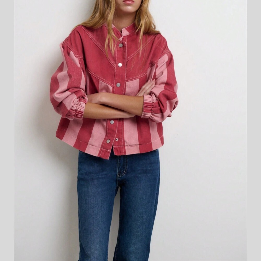 Red Striped Denim Stand Collar Snap Button Cotton Jacket